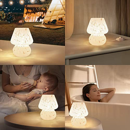 ONEWISH Linda lámpara de seta pequeña lámpara de mesita de noche, juego de 2, regulable, de cristal translúcido, lámpara de mesita de noche blanca para dormitorio, habitación de niños, sala de estar, cocina, regalo estético de Murano para decoración