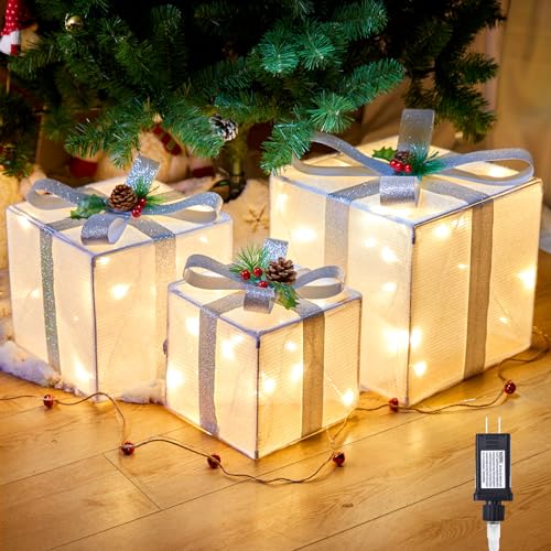 Cajas de regalo iluminadas de Navidad, decoración navideña, plegables, 3 cajas de adorno de regalo con mini bombilla preiluminada de 60 LED, caja de regalo iluminada de 12 pulgadas, 10 pulgadas, 8 pulgadas para interiores y exteriores, decoración navideña