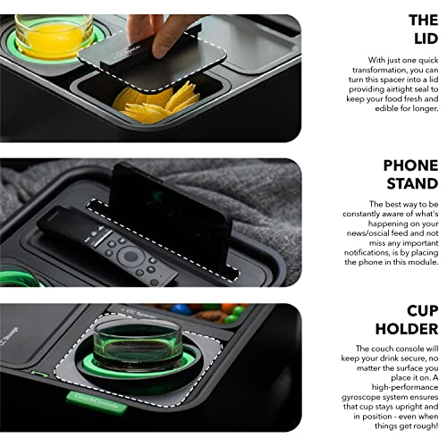 CouchConsole Bandeja original - Sofá Caddy para bebidas y refrigerios con reposabrazos, mesa con soporte para teléfono - Almacenamiento y organizador de control remoto de TV - para salas de estar, vehículos recreativos y automóviles, negro/verde