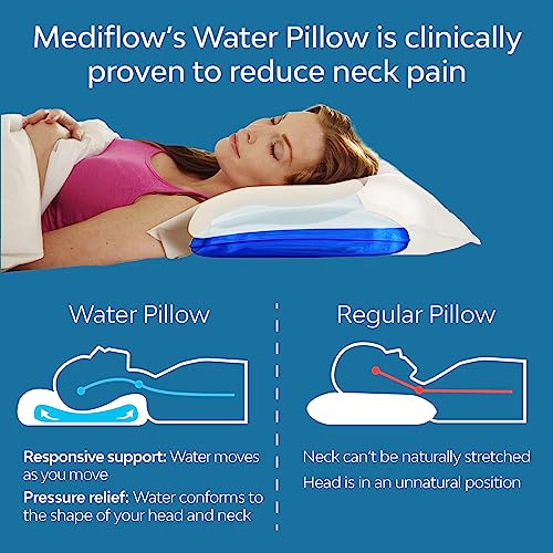 Almohada de agua de fibra Mediflow – Almohada ajustable para aliviar el dolor de cuello, almohada para dormir de lado, boca arriba y boca abajo, el inventor original de la almohada de agua, almohada de cama clínicamente probada (1 almohada)