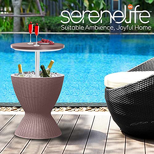 PRODUCTO 144 SereneLife Mesa de bar para exteriores, enfriador de cerveza y vino de 7,5 galones, muebles de patio y mesa auxiliar para jacuzzi, enfriador de bebidas, barra de hielo resistente a todo tipo de clima, patio estilo ratán, barra de cócteles