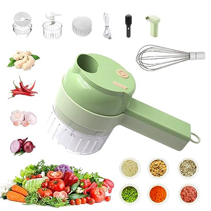 Juego de cortador de verduras eléctrico portátil multifuncional 4 en 1, procesador de verduras inalámbrico para ajo, pimientos, cebollas, apio, jengibre, carne, con cepillo, viene con batidor de huevos y crema.