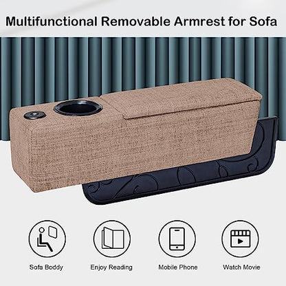 FAGAGA Sofa Armrest with Cup Holder, Removable Couch Arm Cup Holder with Storage, Removable Wireless Charge&LED Light, Light Brown