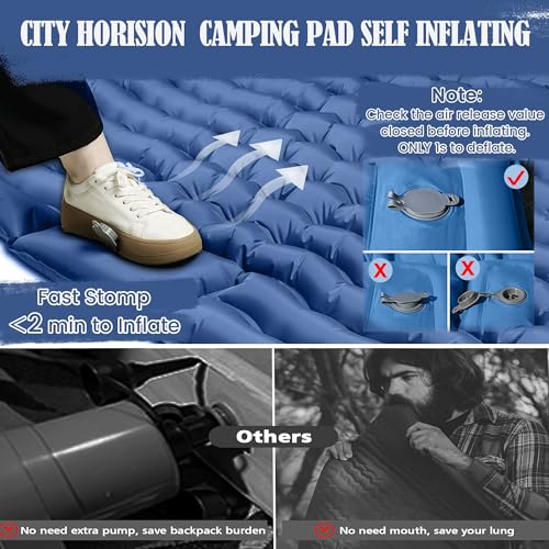 City Horision Colchoneta de dormir doble para acampar Colchoneta de camping autoinflable para 2 personas con almohada Bomba de pie incorporada Colchoneta inflable para dormir para mochileros, caminatas, viajes