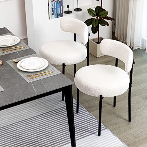 DYHOME Juego de 2 sillas de comedor blancas, sillas de comedor modernas de mediados de siglo, sillas de comedor de cocina, respaldo curvo, silla de comedor tapizada redonda Boucle con patas de metal negro