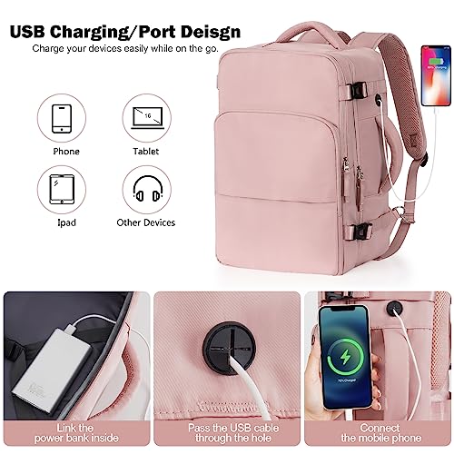 Rinlist Mochila de viaje, mochila de mano compatible con la TSA, aprobada por aerolíneas para mujeres y hombres, senderismo, gimnasio, trabajo, fin de semana, viajero, mochila informal, bolsa para artículos personales, rosa