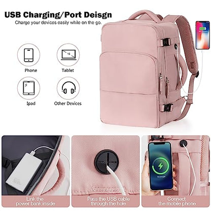 Rinlist Mochila de viaje, mochila de mano compatible con la TSA, aprobada por aerolíneas para mujeres y hombres, senderismo, gimnasio, trabajo, fin de semana, viajero, mochila informal, bolsa para artículos personales, rosa