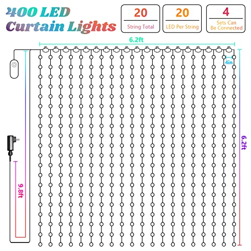 Avatar Controls Luces de cortina con patrones de Halloween, cortina programable y sincronizada con música, luces de Halloween, 400 LED de 6.2 pies RGB luces de Navidad aplicación control remoto para decoración de patio de fondo de dormitorio