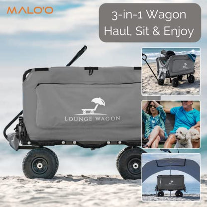 PRODUCTO 326 The Lounge Wagon – El único vagón que se convierte en una silla para 2 personas - Carro 3 en 1 - Red de carga incluida - Ultimate Beach Wagons - Sillas de playa para adultos - Vagón deportivo (el paraguas se vende por separado)