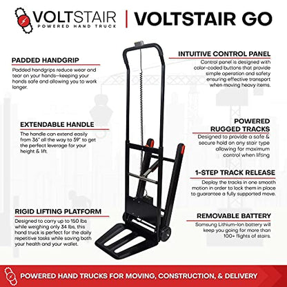 Voltstair GO Carretilla de mano motorizada eléctrica portátil para subir escaleras con batería extraíble, con cuerda elástica incluida y pistas antideslizantes para levantamiento pesado (capacidad de elevación de 150 lb) negro/rojo