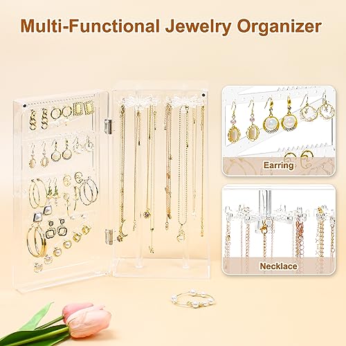 Jenseits Organizador de pendientes de acrílico para collares, caja organizadora giratoria a prueba de polvo, 24 ganchos para collares largos y 108 agujeros para almacenamiento de pendientes, soporte para exhibición, regalo para mujeres y niñas