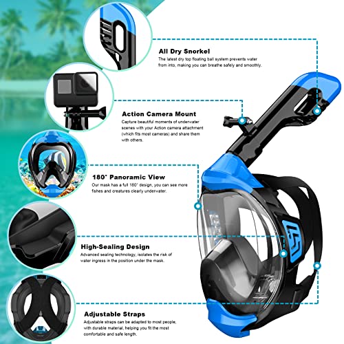 PRODUCTO 290 Zeeporte Máscara de snorkel de cara completa, equipo de snorkel para adultos y niños con el último sistema de respiración Dry Top y soporte de cámara desmontable, máscara plegable con vista panorámica de 180 grados, antifugas y niebla