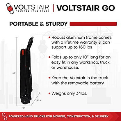 Voltstair GO Carretilla de mano motorizada eléctrica portátil para subir escaleras con batería extraíble, con cuerda elástica incluida y pistas antideslizantes para levantamiento pesado (capacidad de elevación de 150 lb) negro/rojo