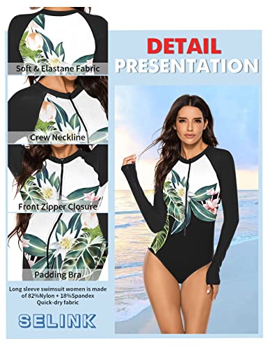 SELINK Women's Long Sleeve Rash Guard UV Protection Zipper Printed Surfing One Piece Swimsuit Bathing Suit Black-3 S