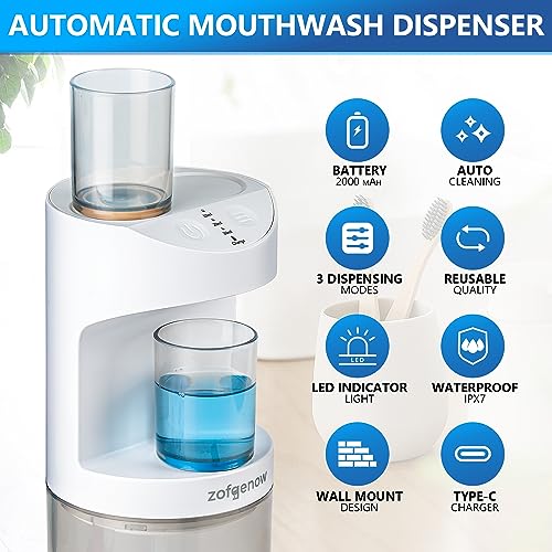 ZOFGENOW Dispensador automático de enjuague bucal para baño, accesorios de baño, dispensadores de 19,4 onzas líquidas con tazas magnéticas, niveles de dispensación ajustables, dispensador montado en la pared, apto para todos los grupos de edad