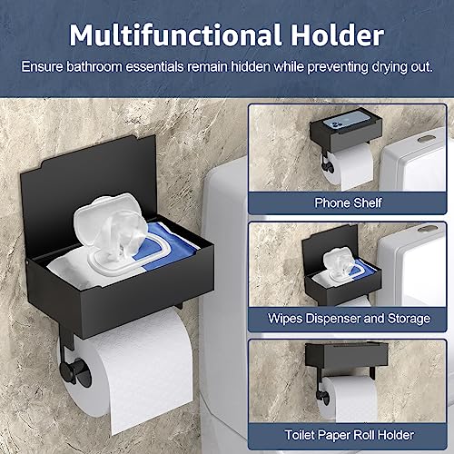 iHysuun Soporte de papel higiénico con estante, dispensador de toallitas desechables para almacenamiento de toallitas de baño, autoadhesivo o perforado, acero inoxidable, soporte para papel higiénico y toallitas para baño, negro mate