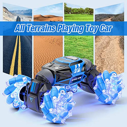 Powerextra LED Gesture Rc Car, 4WD 2.4GHz Control Remoto Coche con Detección de Gestos, Doble Cara Rotación de 360° Transformación Off Road Rc Stunt Car con Luces y Baile para Niños y Niñas de 6 a 12 Años