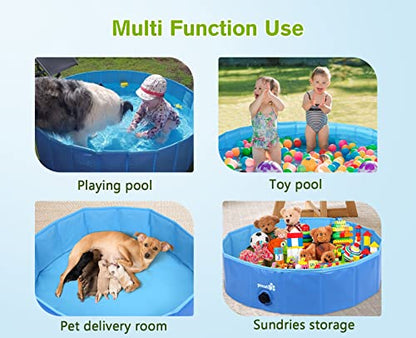 Pecute Piscina para perros plegable de 63 x 12 pulgadas, piscina portátil para niños de PVC duro, piscina multifuncional para piscina de perros, bañera antideslizante para mascotas con cepillo de baño adicional, ideal para viajes