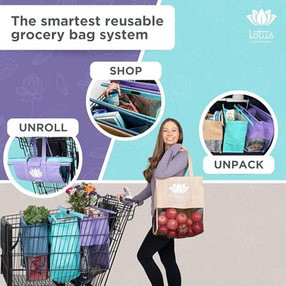 Lotus Trolley Bag – Bolsas de compras reutilizables (juego de 4), bolsas de comestibles con enfriador aislado y soporte para huevos/vino, bolsas plegables y lavables para carrito de comestibles, bolsas de mano multiusos (púrpura, turquesa, azul, marrón)