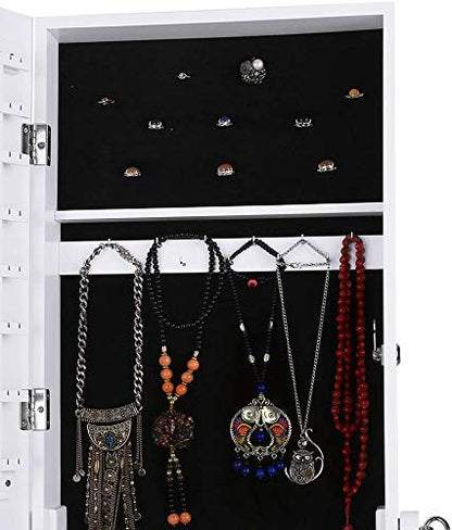 DECOMIL Armario de joyería con luz LED con espejo, gran almacenamiento de 57 pulgadas de alto, caja de armario con espejo, anillo para collar, 27 ganchos para niñas y mujeres, armerías de joyería modernas de pie con 3 ángulos ajustables