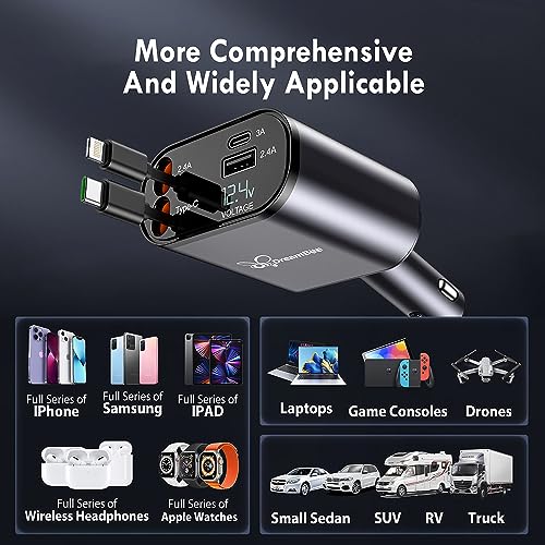 PRODUCTO 327  Cargador retráctil, Cargador de teléfono de Coche de Carga súper rápida 4 en 1 de 66 W, Cables retráctiles (31,5 Pulgadas) y Adaptador de Cargador de Coche de 2 Puertos USB para iPhone 15/14/13/12 Pro Max XR, iPad, Samsung, Pixel