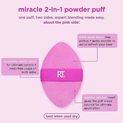 Real Techniques Miracle 2-In-1 Powder Puff, Dual-Sided, Full-Size Makeup Blending Puff, Reversible Elastic Band, Precision Tip Makeup Sponge & Powder Puff, For Liquid, Cream & Powder, 1 Count