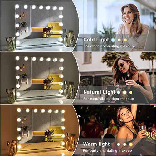 FENCHILIN Espejo de tocador con luces, espejo de maquillaje iluminado Hollywood con 15 bombillas LED regulables para vestidor y dormitorio, diseño de marco de metal delgado, blanco