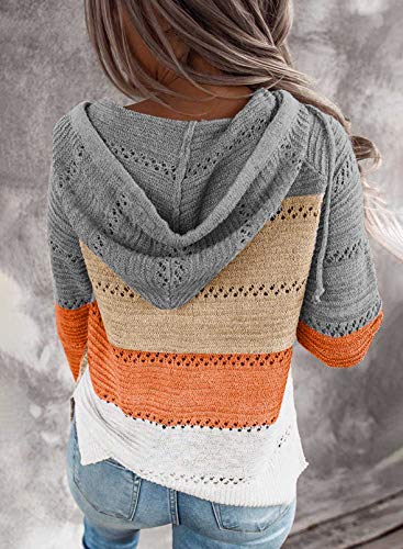 SHEWIN Moda de otoño para mujer 2023 Rayas Bloque de color Suéter de punto ligero Manga larga Cordón Cremallera Sudaderas con capucha Chaqueta Casual Cremallera Sudaderas para mujer Gris 2XL