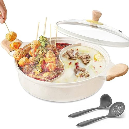 COOKER KING Olla caliente con divisor, olla antiadherente de 12 pulgadas, olla Shabu Shabu de doble sabor de 5 cuartos con 2 cucharones de sopa y tapa para estufa de gas con placa de inducción