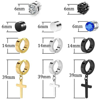 KWUNCCI Pendientes magnéticos para hombres, 11 pares de pendientes de clip para hombres, pendientes no perforados para hombres, pendientes falsos para hombres, pendientes colgantes de aro con cruz negra para hombres y mujeres