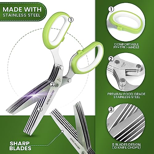 Kitchshears Tijeras para hierbas con 5 cuchillas y cubierta: tijeras para cortar hierbas de alta calidad, de acero inoxidable y fáciles de limpiar, tijeras para verduras resistentes para ensalada picada y carne picada, peine para hierbas BONUS