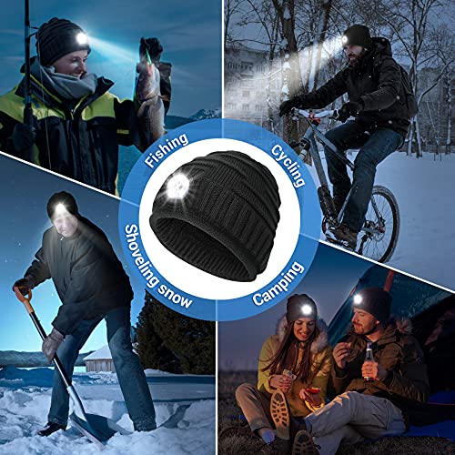 Regalos para hombres Gorro con luz: Rellenos de medias Mujeres Hombres Gorra recargable Linterna LED Sombreros de invierno Ideas de regalos para papá Negro