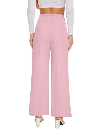 PRODUCTO 569 KICZOY Pantalones anchos de pierna ancha y cintura alta para mujer, pantalones holgados con cintura elástica en la espalda, pantalones delanteros plisados para el trabajo, informales, color rosa