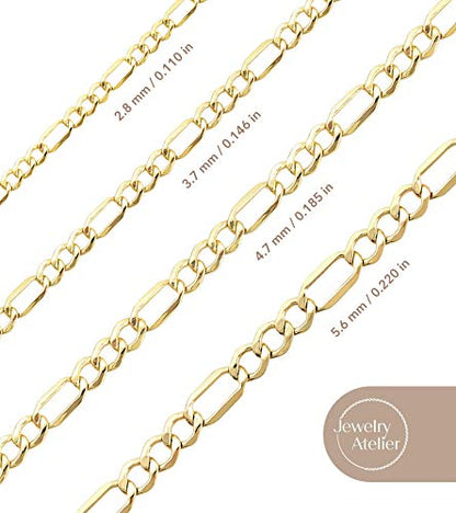 Colección de collares de cadena de oro Jewelry Atelier – Collares de cadena Figaro rellenos de oro amarillo macizo de 14 quilates para mujeres y hombres con diferentes tamaños (2,8 mm, 3,7 mm, 4,7 mm, 5,6 mm)