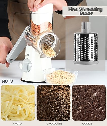 Ourokhome Rallador de Queso Rotatorio - 3 Cuchillas de Tambor Velocidad Manual Cortador de Alimentos Redondo Molinillo de Nueces con Base de Succión Fuerte para Queso, Verduras, Nueces, Chocolate, Patata, Zanahoria, Blanco Gris