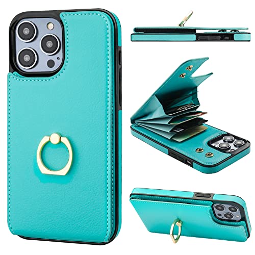 Folosu Compatible con iPhone 14 Pro Max Funda tipo cartera con tarjetero, soporte para anillo de dedo con rotación de 360°, bloqueo RFID, funda protectora de cuero con doble botón a prueba de golpes, 6,7 pulgadas, color verde