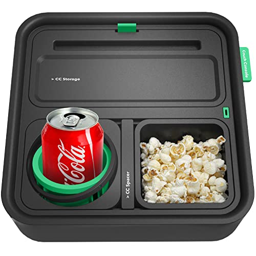 CouchConsole Bandeja original - Sofá Caddy para bebidas y refrigerios con reposabrazos, mesa con soporte para teléfono - Almacenamiento y organizador de control remoto de TV - para salas de estar, vehículos recreativos y automóviles, negro/verde