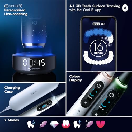 Oral-B iO Series 10 Cepillo de dientes eléctrico recargable, Stardust White con 4 cabezales, estuche de viaje y cargador iO Sense - Sensor de presión visible para proteger las encías - 7 modos de limpieza - Temporizador de 2 minutos