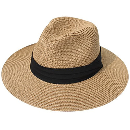 Lanzom Sombrero enrollable Panamá de paja de ala ancha para mujer Fedora Beach Sun Hat UPF50+ (Cinturón cuadrado A marrón)