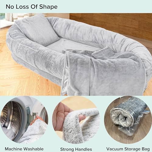 (Gris claro) Cama para perro humano Delux – Cama tipo puf gigante para adultos – Almohada, manta y bolsa de almacenamiento – Lavable a máquina, espuma viscoelástica – Cama de suelo para adultos – Tamaño 72 x 40 x 12 pulgadas