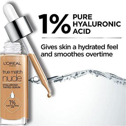 L'Oréal Paris Cosmetics True Match Nude Hyaluronic Tinted Serum El primer suero con color con 1% de ácido hialurónico Instantáneamente la piel luce más brillante, uniforme y se siente hidratada Cuidado de la piel, Medio claro 3-4,1 fl. onz.