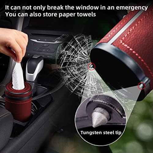 Moioee Car Tissue Holder, Cylinder Tissue Box with Window Breaker, PU Leather Round Tissues Container for Auto Cup Holder, Travel Facial Tissues Organizer for All Vehicles (Wine Red)