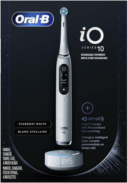 Oral-B iO Series 10 Cepillo de dientes eléctrico recargable, Stardust White con 4 cabezales, estuche de viaje y cargador iO Sense - Sensor de presión visible para proteger las encías - 7 modos de limpieza - Temporizador de 2 minutos