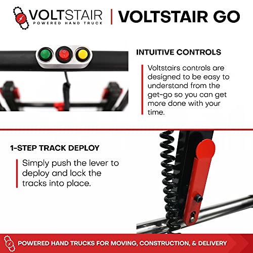 Voltstair GO Carretilla de mano motorizada eléctrica portátil para subir escaleras con batería extraíble, con cuerda elástica incluida y pistas antideslizantes para levantamiento pesado (capacidad de elevación de 150 lb) negro/rojo