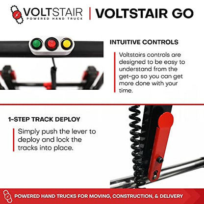 Voltstair GO Carretilla de mano motorizada eléctrica portátil para subir escaleras con batería extraíble, con cuerda elástica incluida y pistas antideslizantes para levantamiento pesado (capacidad de elevación de 150 lb) negro/rojo