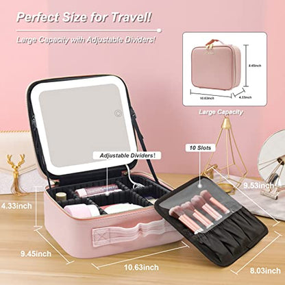 PRODUCTO 367 RRtide Bolsa de maquillaje con espejo iluminado LED, estuche de viaje para maquillaje, organizador de bolsa de cosméticos con espejo y luces, bolsa de maquillaje con espejo iluminado, tablero de cepillo divisor ajustable