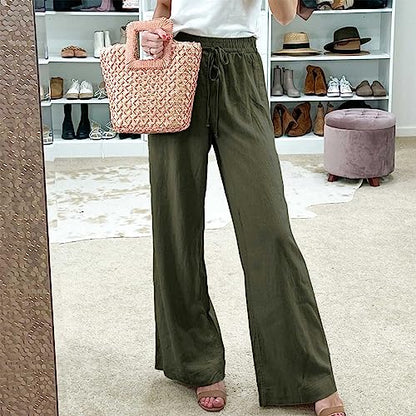 PRODUCTO 587 Duyang Pantalones palazzo de lino y algodón para mujer, con cordón, cintura elástica, pantalones casuales de pierna ancha con bolsillos (verde militar, XS)