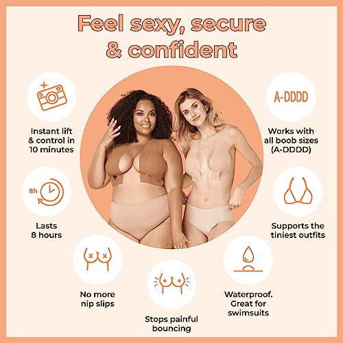 Nueboo Boob Tape + Nipple Covers, Breast Lift Tape- Instant Boob Lift & Control, Body Tape for all Clothing Types, Long-lasting Waterproof Bra Tape (Brown)