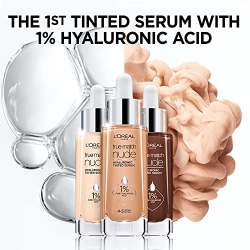 L'Oréal Paris Cosmetics True Match Nude Hyaluronic Tinted Serum El primer suero con color con 1% de ácido hialurónico Instantáneamente la piel luce más brillante, uniforme y se siente hidratada Cuidado de la piel, Medio claro 3-4,1 fl. onz.