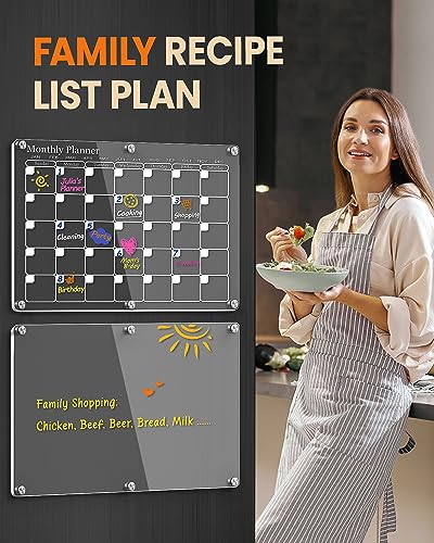 WONDAY Calendario magnético acrílico transparente para nevera, planificador y organizador mensual familiar, pizarra de borrado en seco con imán transparente para nevera, menú y pizarra blanca de planificación de comidas